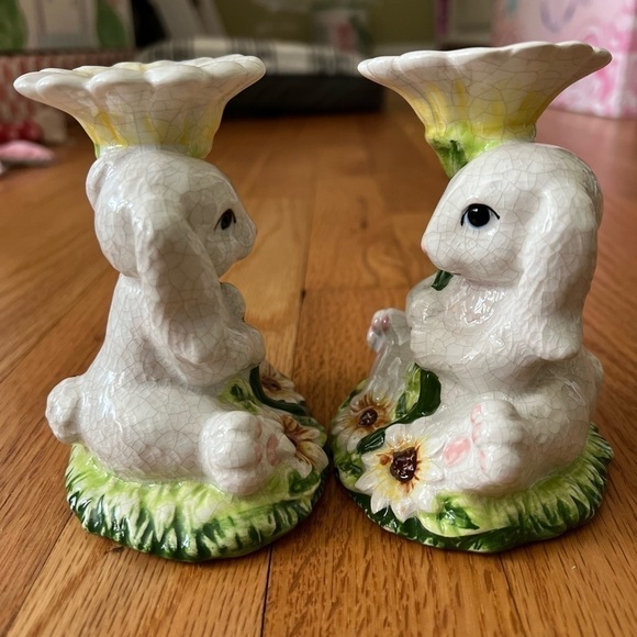 Hand painted Spring White Bunny Ceramic Candle holder Easter Bunny Crackle Paint - Picture 8 of 11